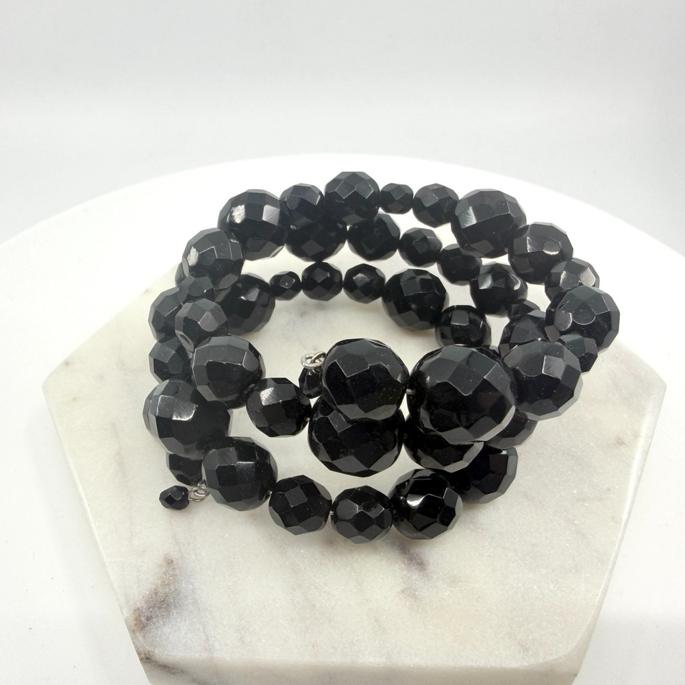Black Faceted Bead Wrap Bracelet Stretch Cuff Boho Statement Layering Accessory